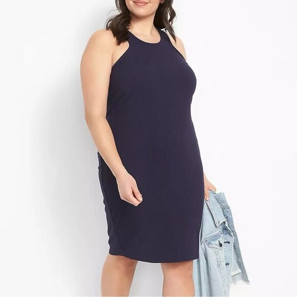 Lane Bryant High-Neck Racer-Front Ribbed Bodycon Dress Navy Size 22/24 - Picture 1 of 6